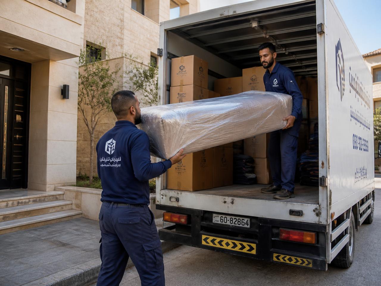 فريق نقل جو يحمّل أثاثاً ملفوفاً بعناية داخل شاحنة نقل في عمّان